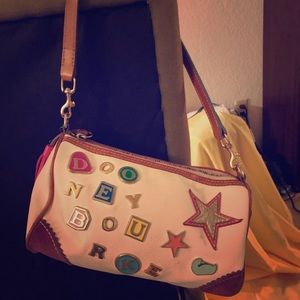 White Dooney & Bourke bag with colorful logo